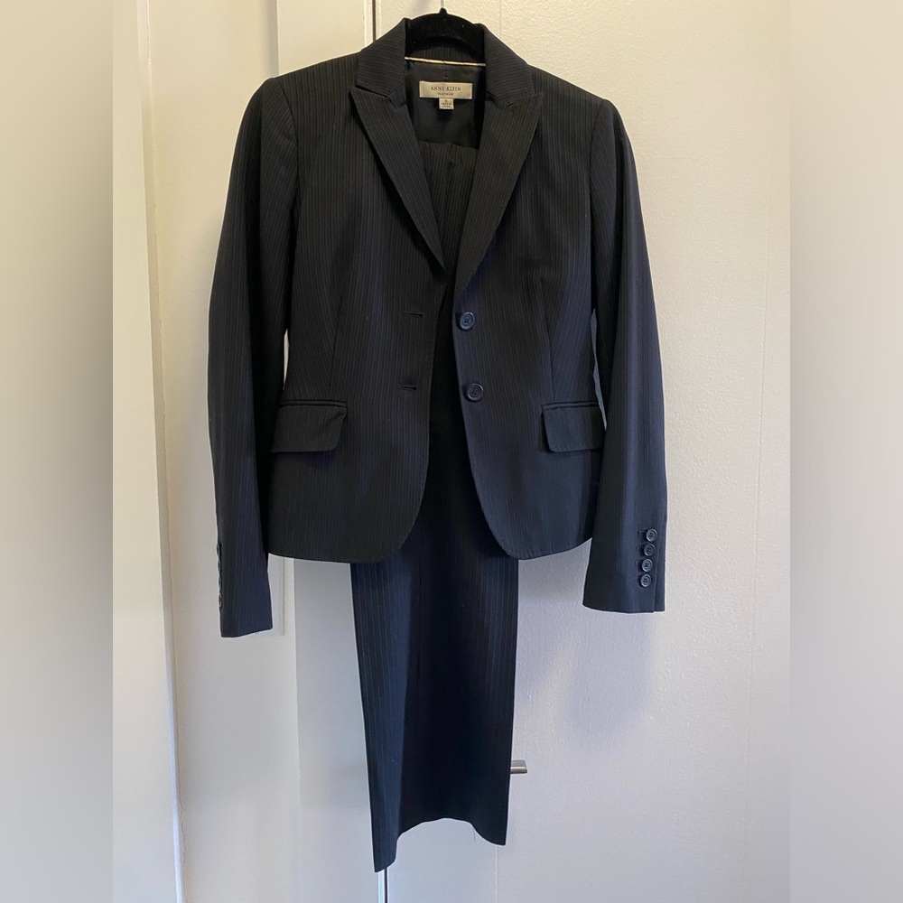 Anne Klein Wool Black Striped Lined Professional Career Tailored Suit - 2 pieces